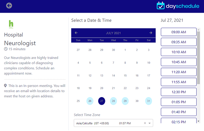 Select time on doctor appointment app