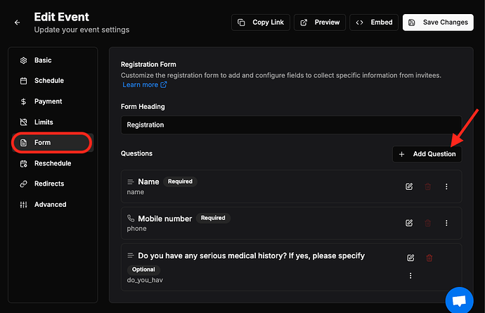 Questionnaire form for their patients