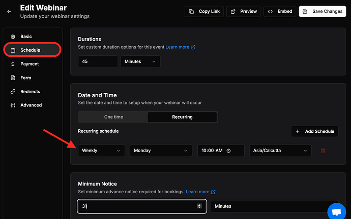 Selecting date and time for webinar