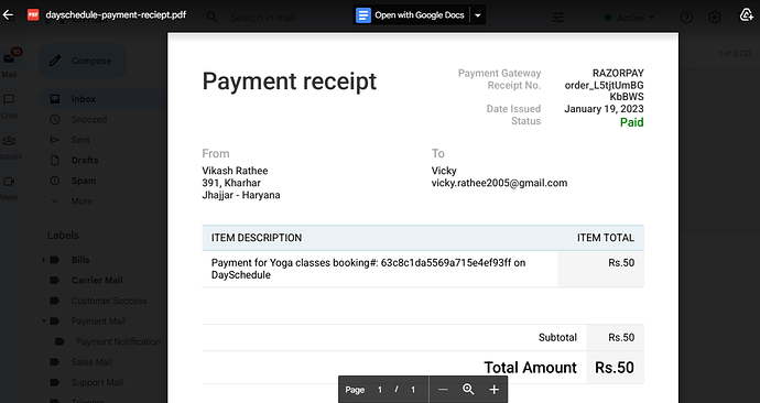 Payment receipt for appointments