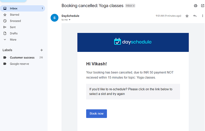 Booking cancellation email