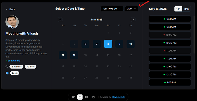 20 minutes duration selected by default on appointment page