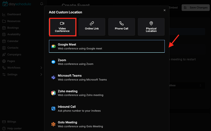 Google meet option for meetings
