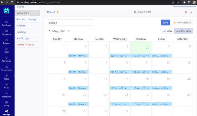 Calendar view to set working hours