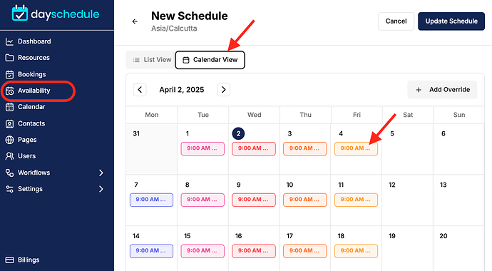 Change multiple dates schedule in calendar