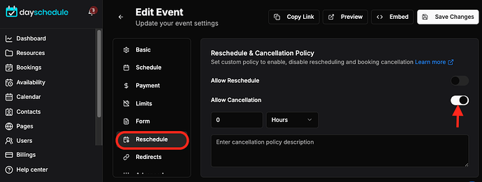 Enable/disable cancellation policy