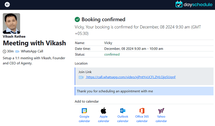 Booking confirmation with WhatsApp video call link