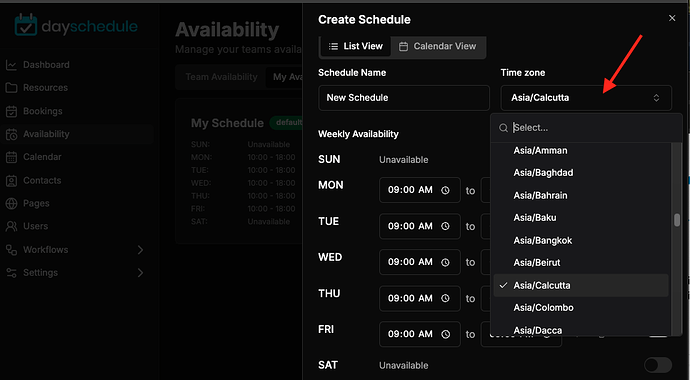 Scheduling time zone