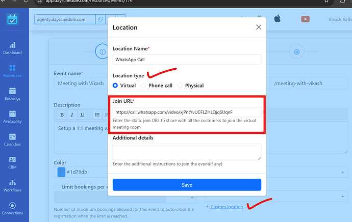 Scheduling appointment with WhatsApp Call Link