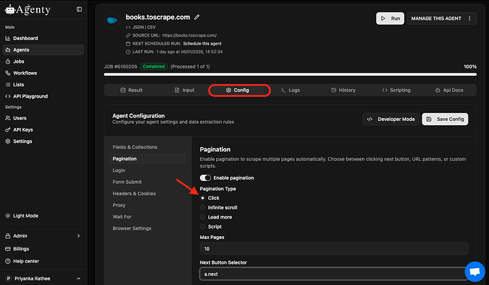 configure next button pagination to scrape multiple pages