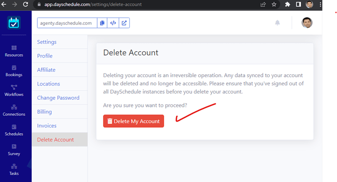 Delete DaySchedule data and account
