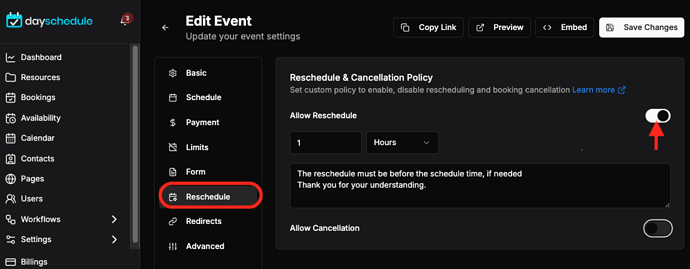 Enable/disable rescheduling appointments