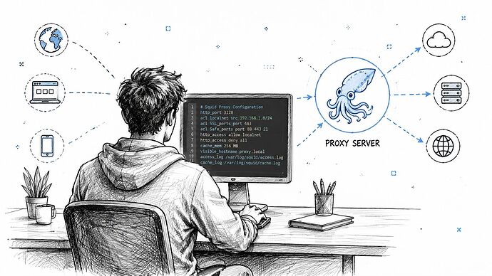 A person sitting at a desk configuring a Squid proxy server on their computer monitor.