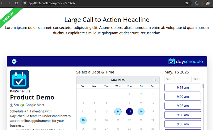 FlexiFunnels appointment booking page preview