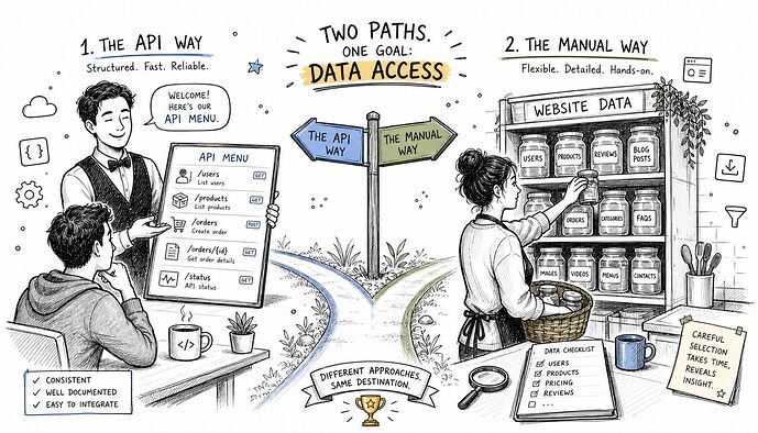 A hand-drawn illustration comparing the API way versus the manual way for accessing website data.