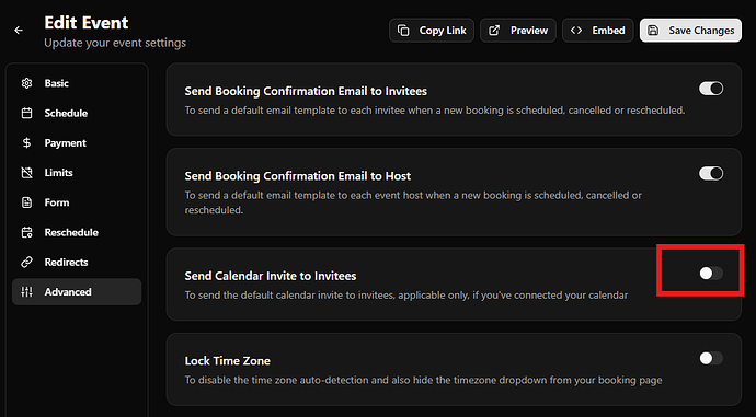 Send calendar invite to invitees setting