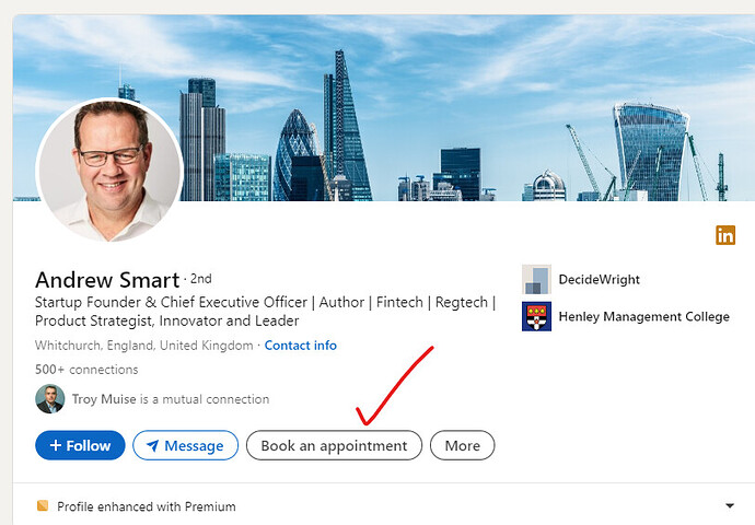 Book an appointment button on LinkedIn profile