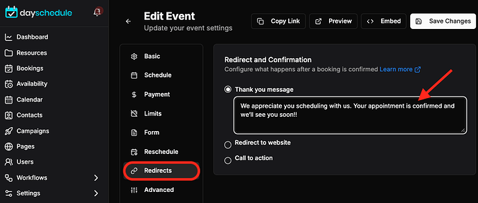 Custom thank you message