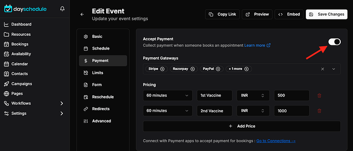 Add payment integration for vaccination fee