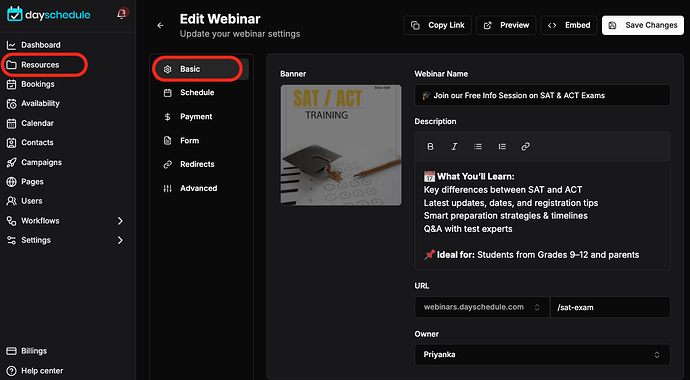 Create webinar event