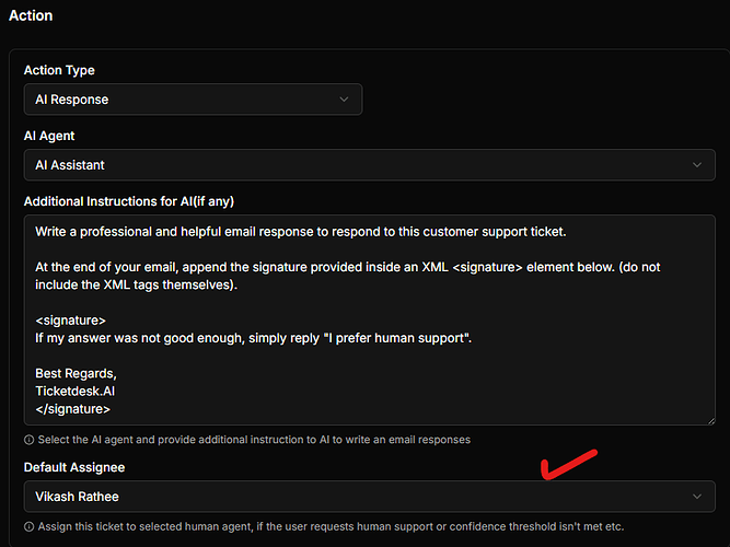 ticket assigned to AI and fallback to user