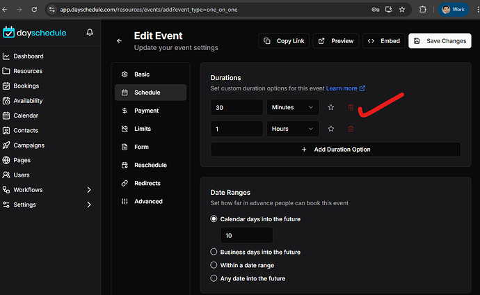 Custom durations