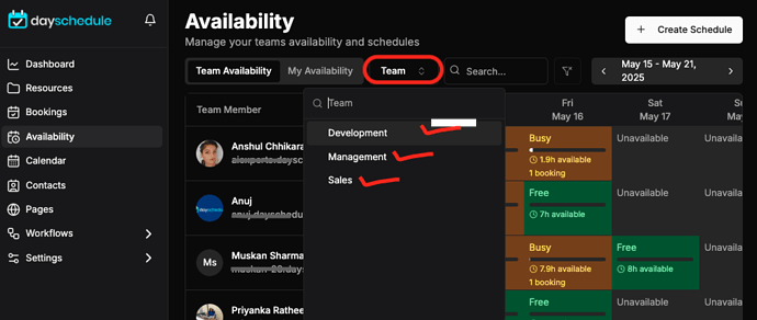 Availability manage according to team