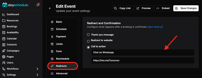 Call to action button on appointment page