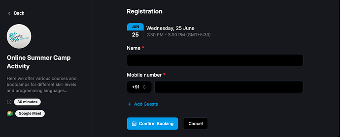Fill registration form for booking