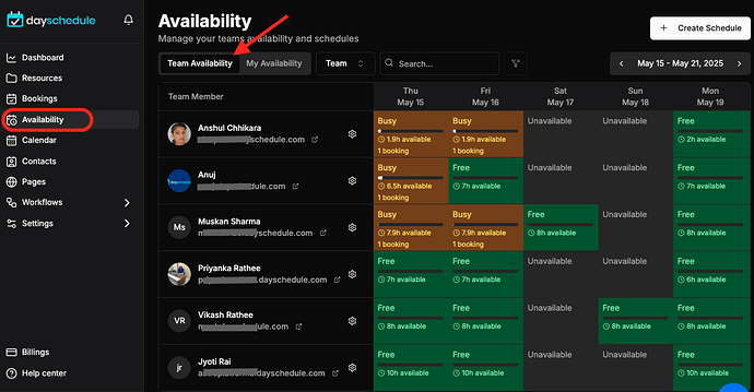 Team availability calendar