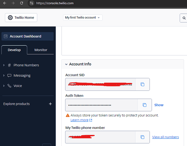 Twilio SID, auth token