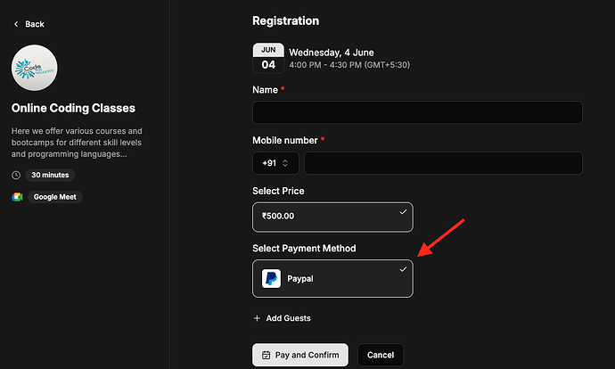 PayPal for online booking