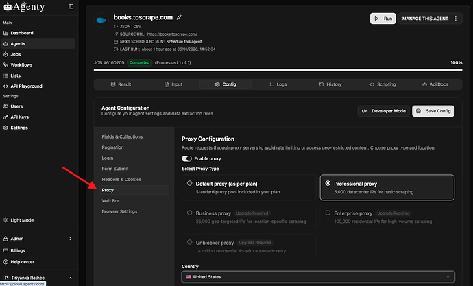 proxy settings in web scraping agent
