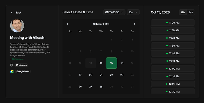 Supabase theme in dark mode on a DaySchedule booking page