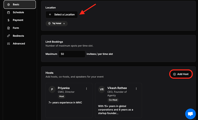 Add hosts in event