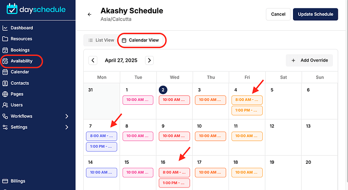 Calendar view with custom hours