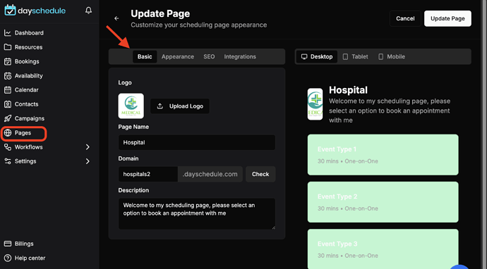 Setup hospital scheduling page