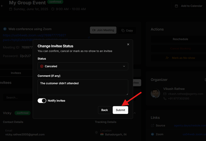 cancel an invitee from a group booking