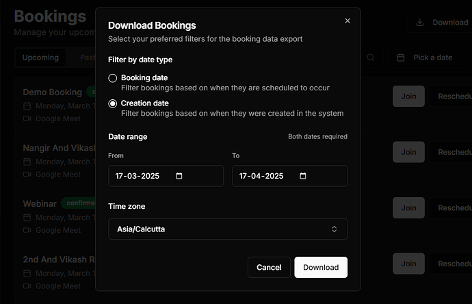 Download booked appointments