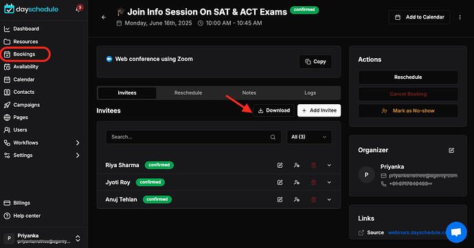 Webinar bookings details