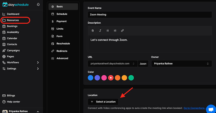 Add Zoom location in event