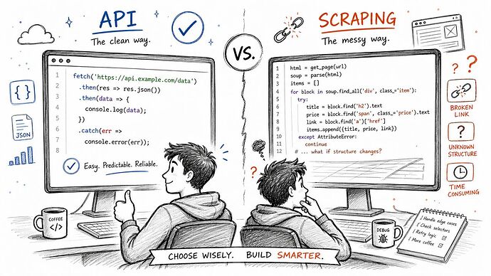 A hand-drawn illustration comparing the clean, efficient API method against the messy, error-prone web scraping process.
