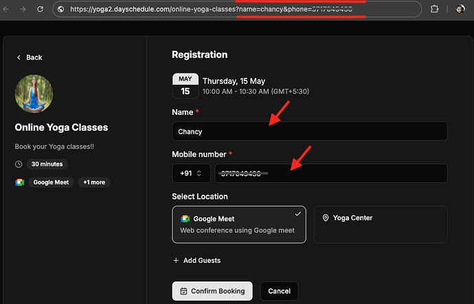 pre-populate invitee information on scheduling pages
