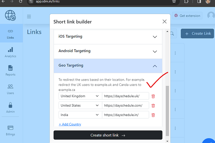 Geo targeting short link