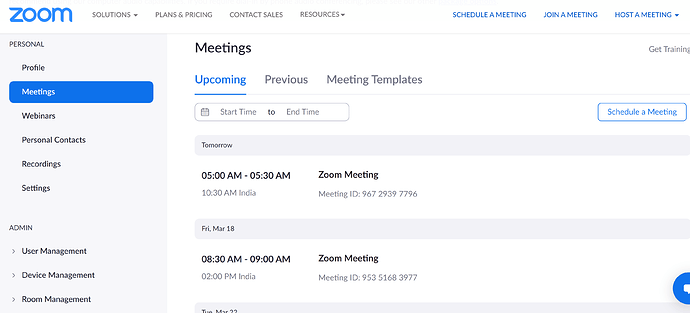 Zoom meetings dashboard