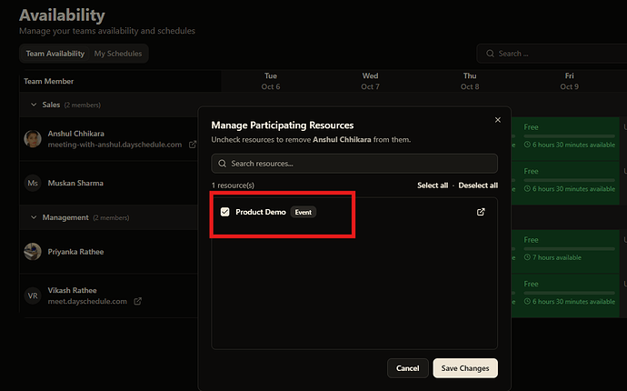 shows the events and resources currently associated with that user