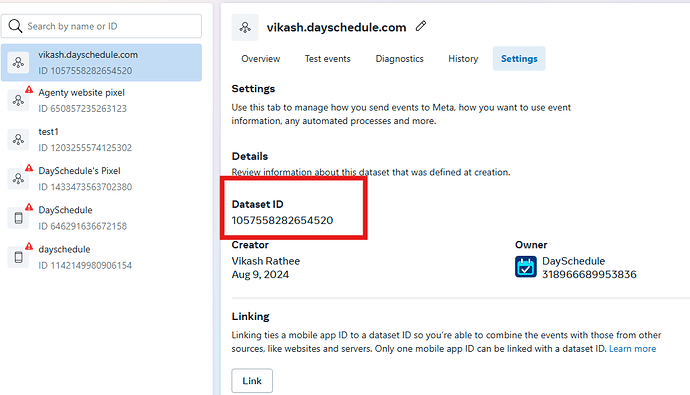 Copy the dataset id or pixel id