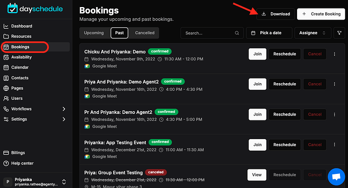 Download bookings data