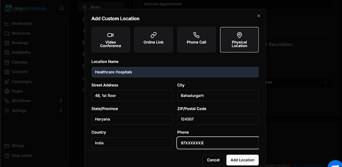 Address and location of vaccination center