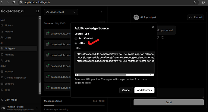 Train custom support AI agent with website URLs